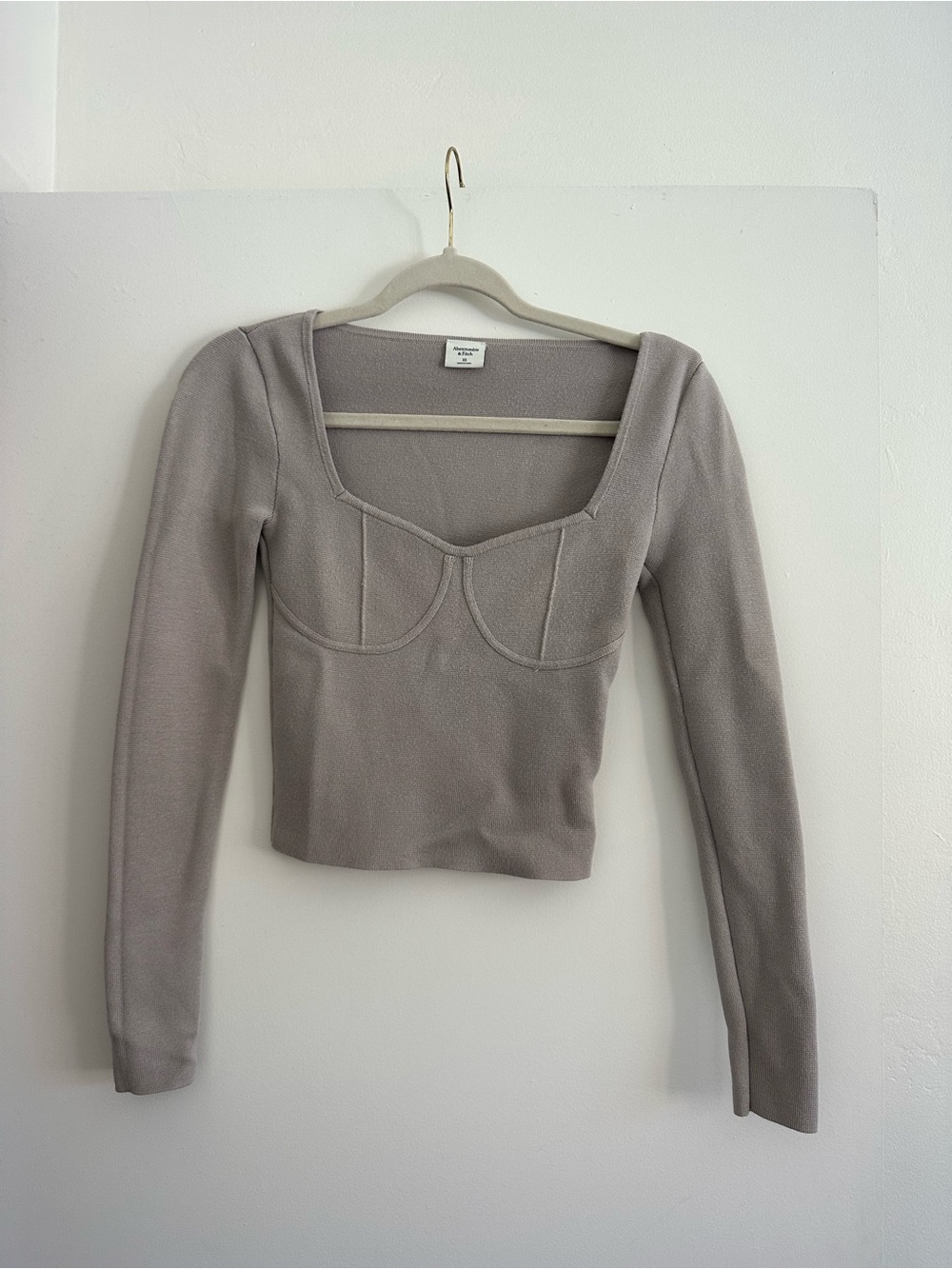 Abercrombie & Fitch Taupe Ribbed Square-Neck Long Sleeve Top